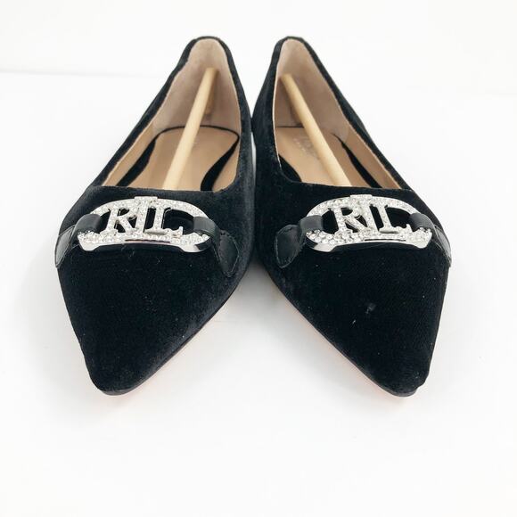 LAUREN RALPH LAUREN Lilah Velvet Ballet Flat Size 6 Black Pointed Toe Logo NWOB - Picture 5 of 11